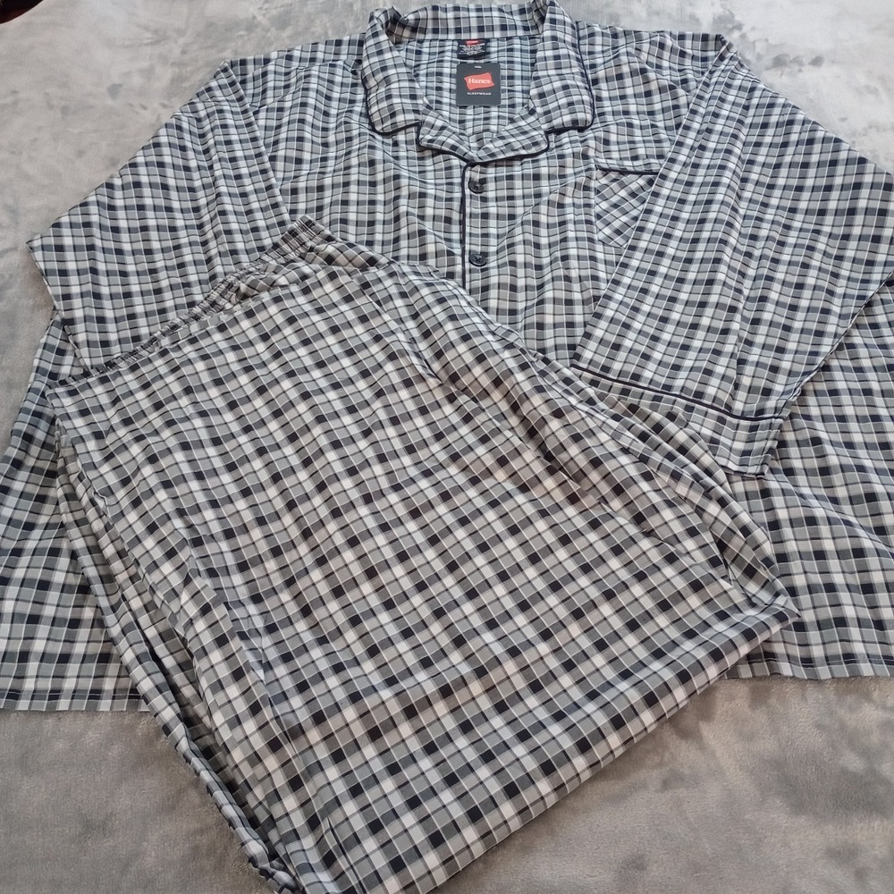 Hanes Mens Sleepwear 5XL Gray Plaid Woven Pajama Set Long Sleeve Shirt Pants NEW